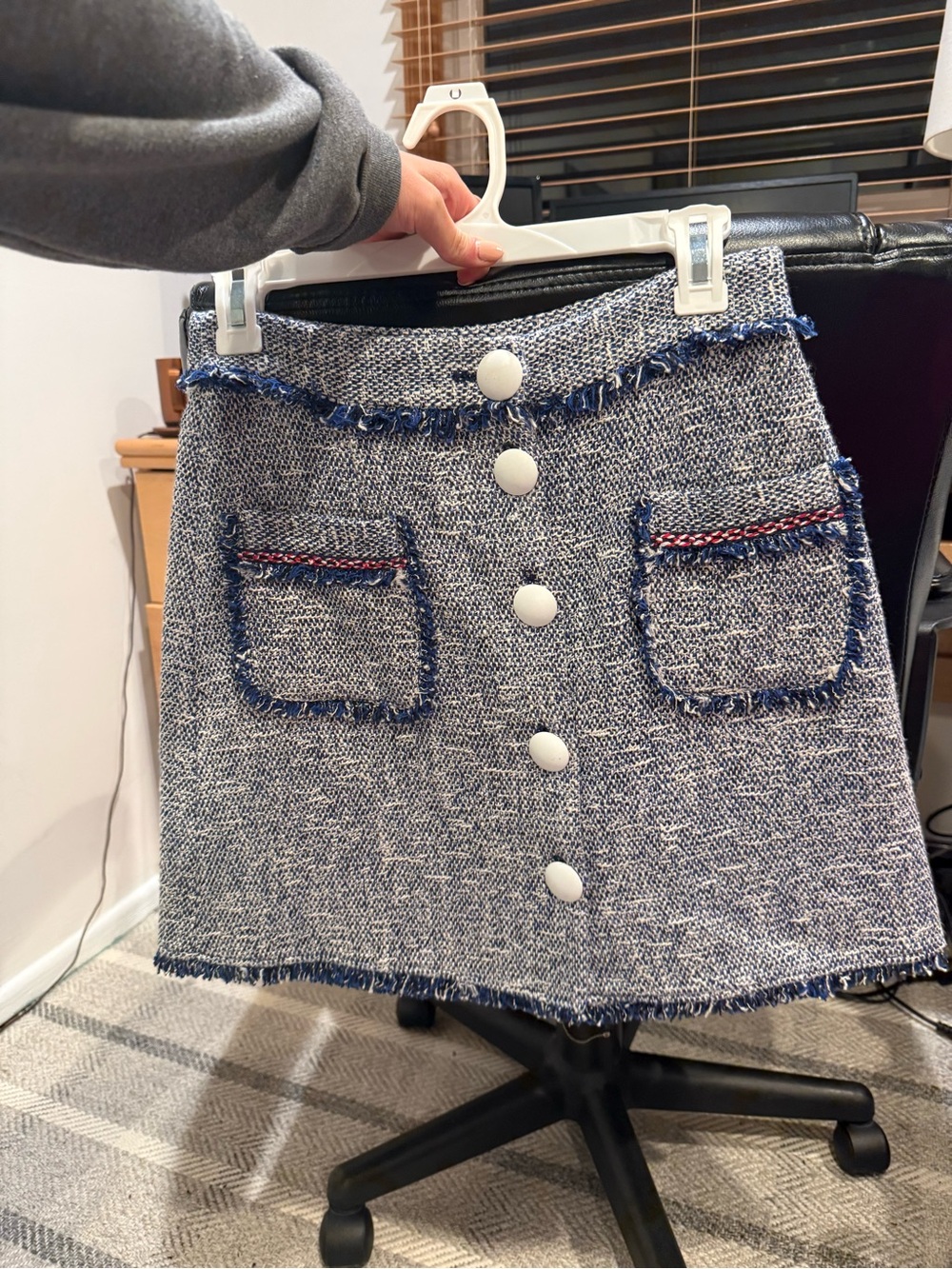 Zara Blue and White Tweed Button-Front Mini Skirt